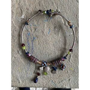 Collar Necklace Glass Beads Metallic Silver Tone Artisan Blue Brown Green
